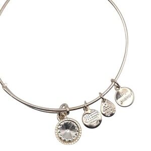 Alex and Ani Silver Tone Crystal Charm Bangle Bracelet‎ / April Birthstone 7.5"